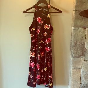 AQUA Skater Fit  black floral fit & flair halter dress